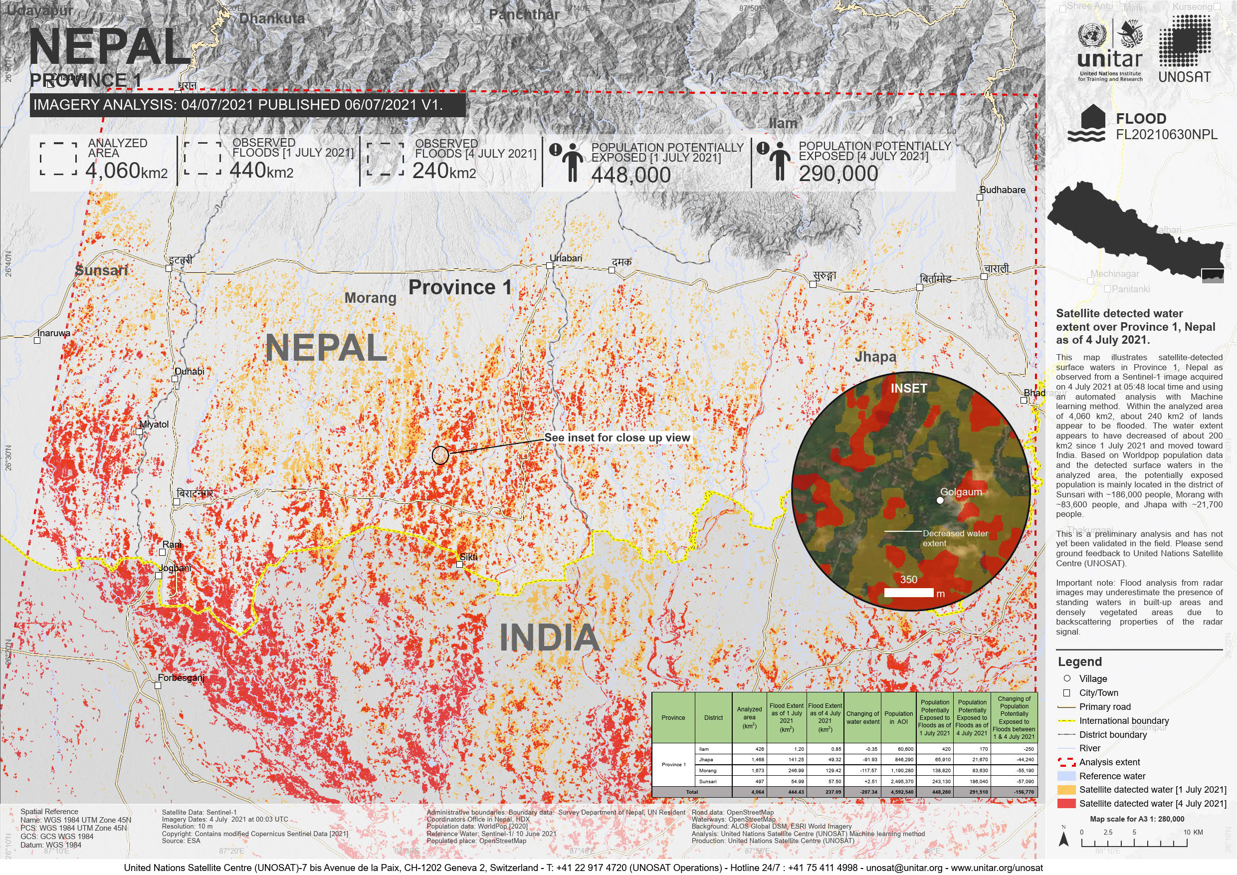 Satellite Detected Water Extent Over Province 1, Nepal as of 4 July 2021