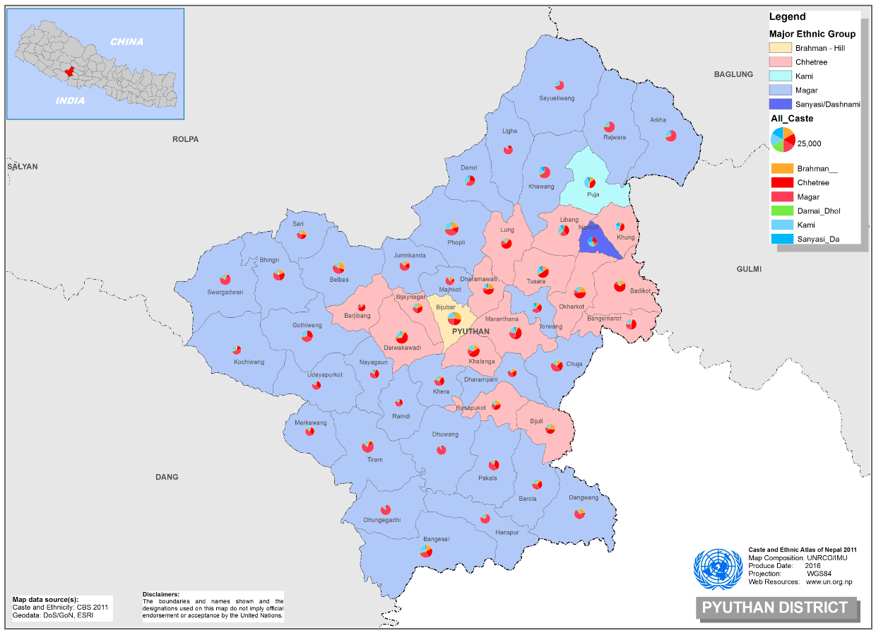 This map presents major caste group and it's composition based on CBS 2011 data of Pyuthan.