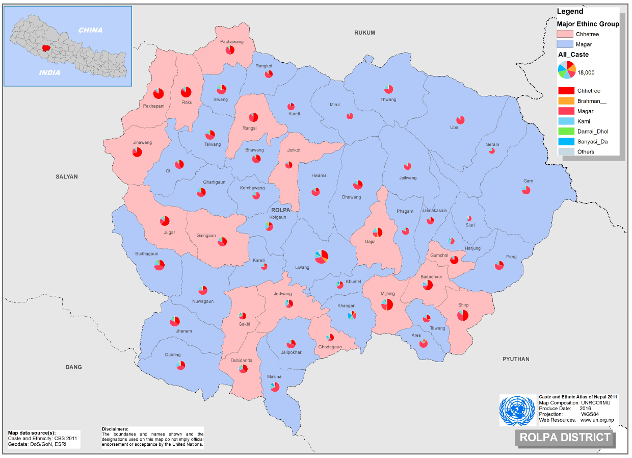 This map presents major caste group and it's composition based on CBS 2011 data of Rolpa.