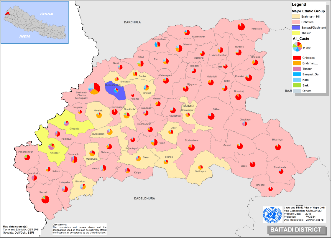 This map presents major caste group and it's composition based on CBS 2011 data of Baitadi district.