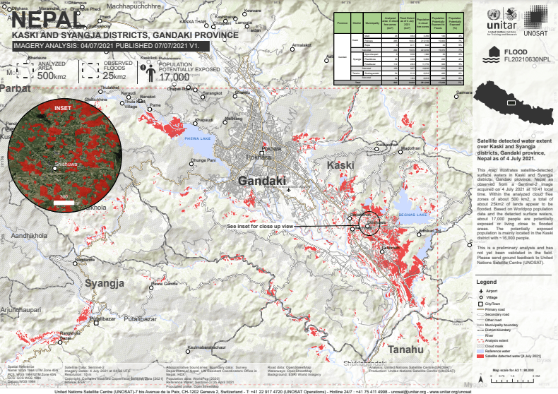 This map shows satellite-detected surface waters in red polygon in Kaski and Syangja districts, Gandaki province, Nepal