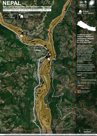 This map illustrates satellite-detected flash floods and potential affected structures in red dots, in Melamchi village, Melamchi Municipality, Bagmati provand landslides in ince, Nepal as observed using satellite imagery acquired on 24 June 2021. 