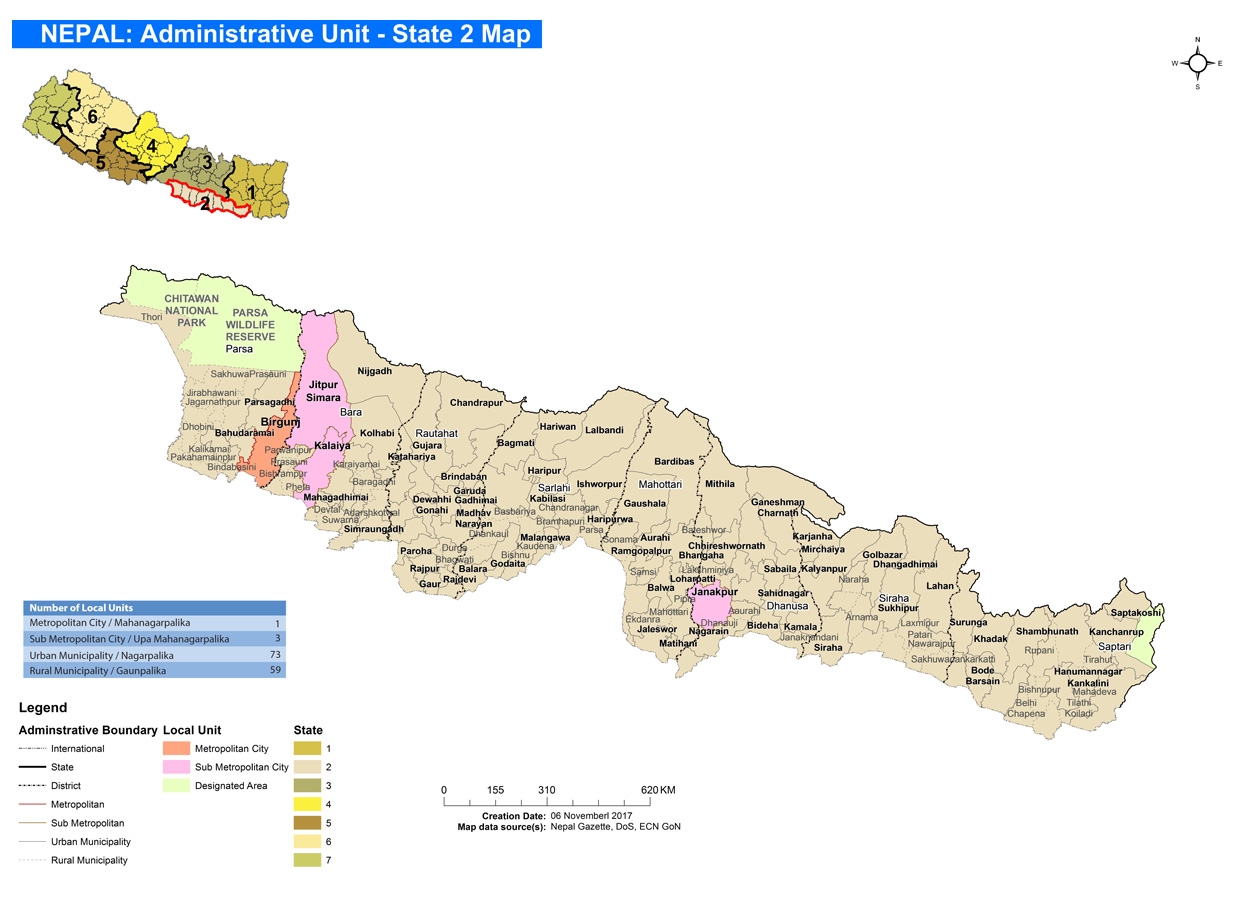 This Province 2(Madhesh Province) map shows its local units boundaries and designated area